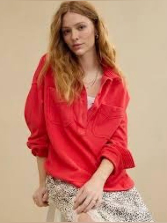 aerie Tops - Aerie Red Popover Polo Sweatshirt Oversized Button Collar French Terry XS